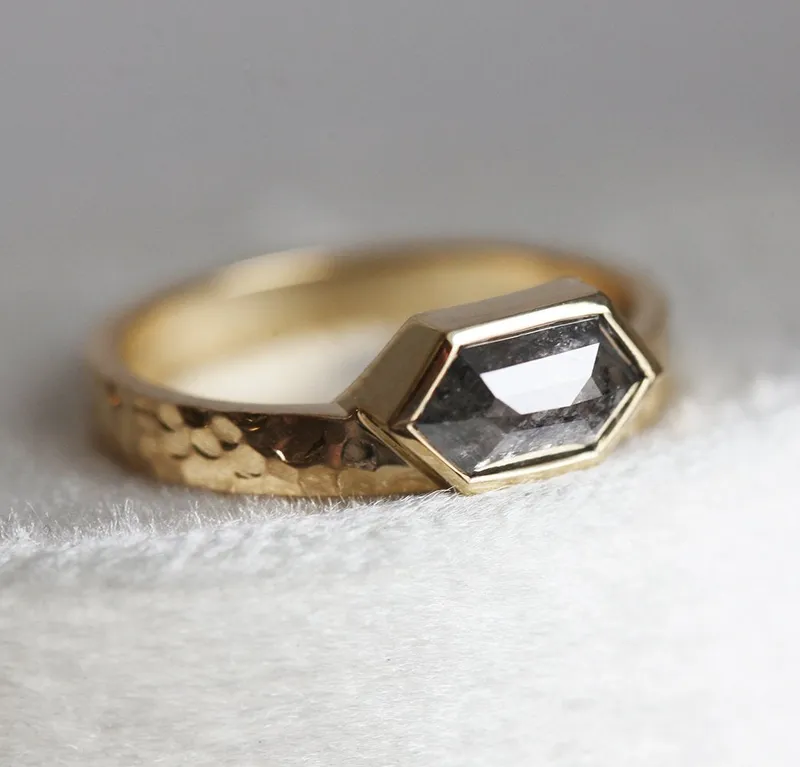 Amber Hexagon Salt & Pepper Diamond Ring vy 2