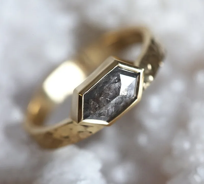 Amber Hexagon Salt & Pepper Diamond Ring vy 3