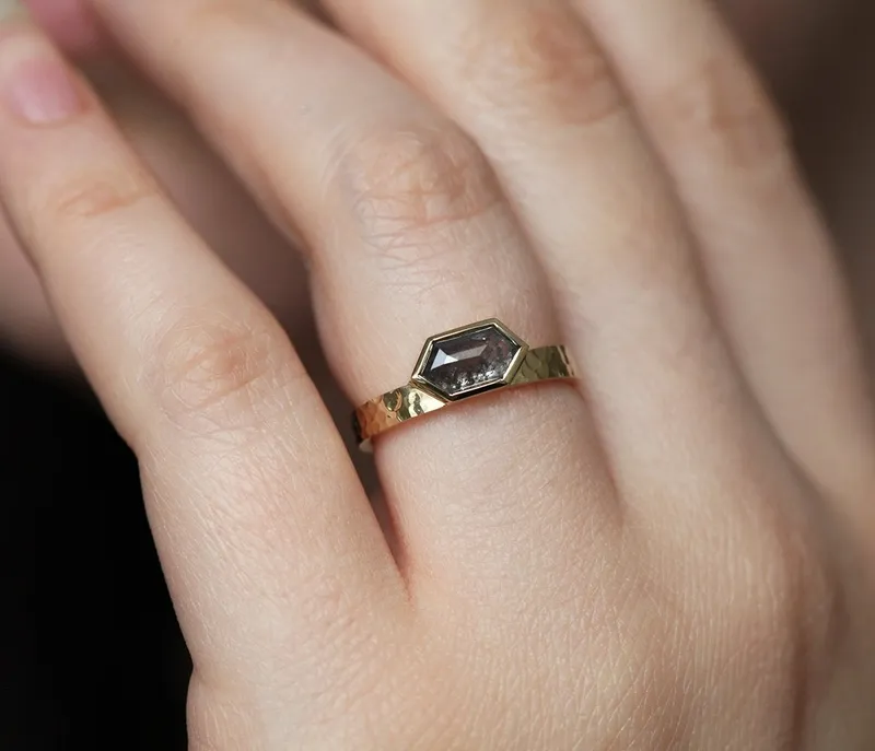 Amber Hexagon Salt & Pepper Diamond Ring vy 4