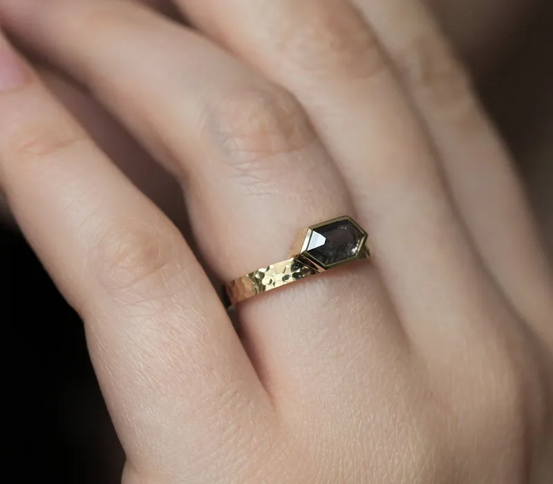 Amber Hexagon Salt & Pepper Diamond Ring vy 5