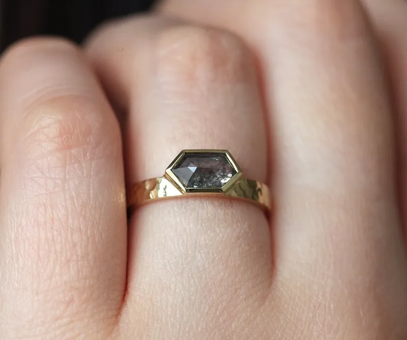Amber Hexagon Salt & Pepper Diamond Ring vy 6