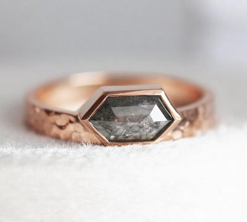 Amber Hexagon Salt & Pepper Diamond Ring vy 7