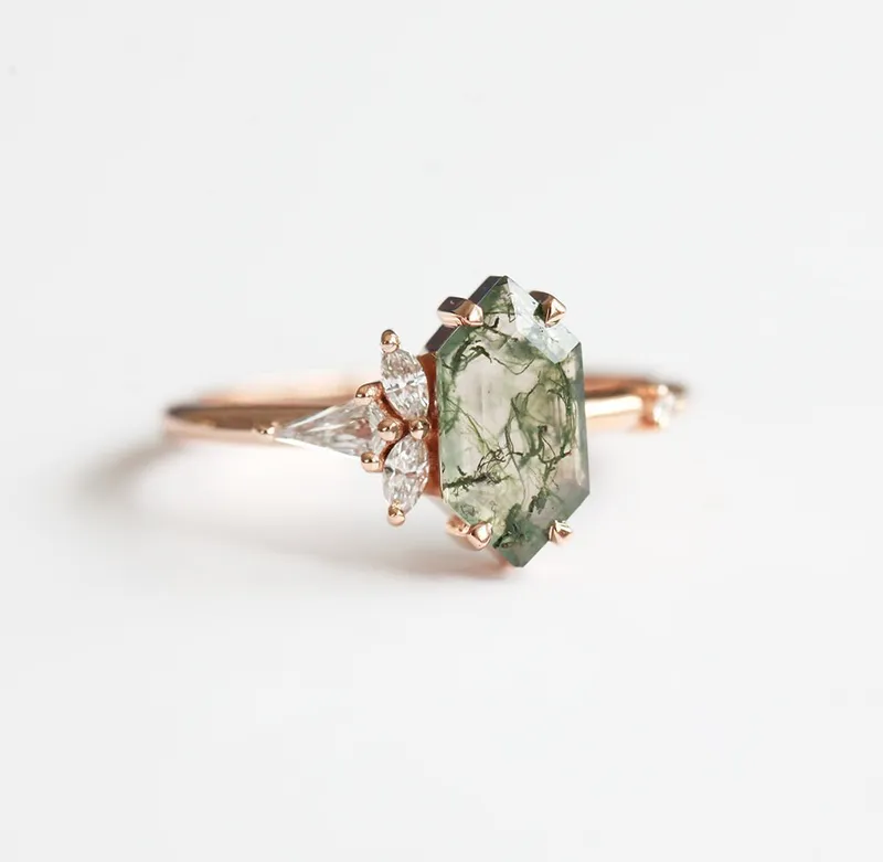 AMELIA HEXAGON MOSS AGATE RING WITH DIAMONDS view 2