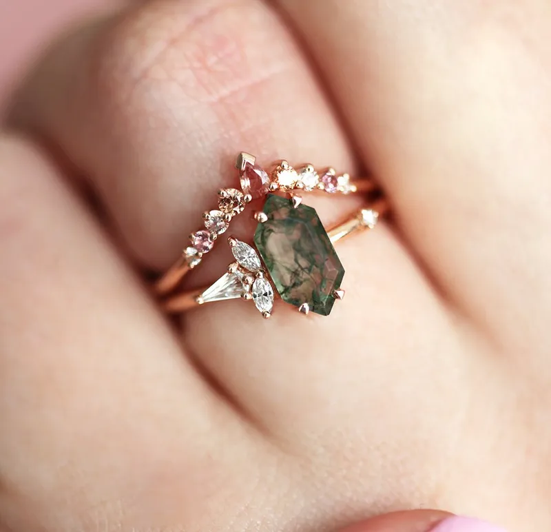 AMELIA HEXAGON MOSS AGATE RING WITH DIAMONDS view 3