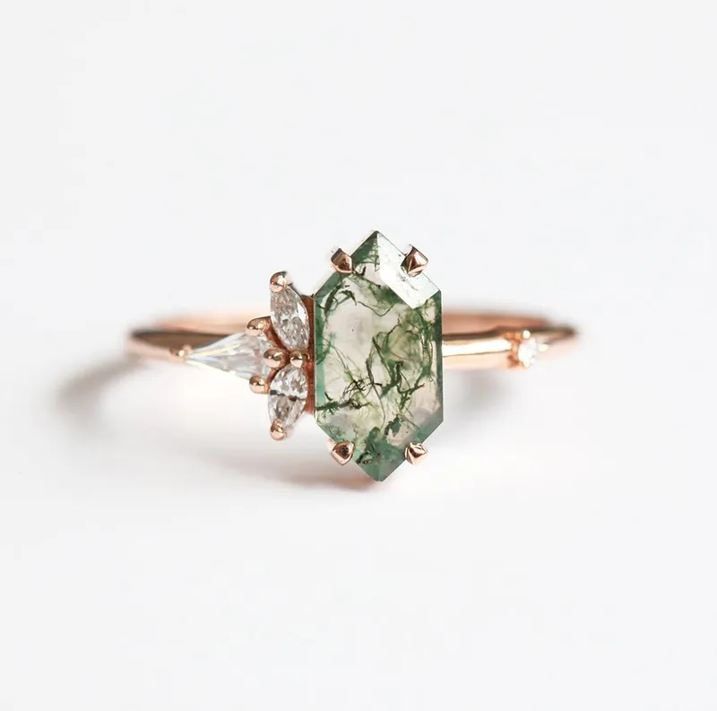 AMELIA HEXAGON MOSS AGATE RING WITH DIAMONDS green engagement ring