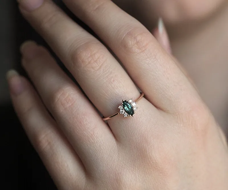 Aneira Teal Blue Sapphire Diamond Ring view 2