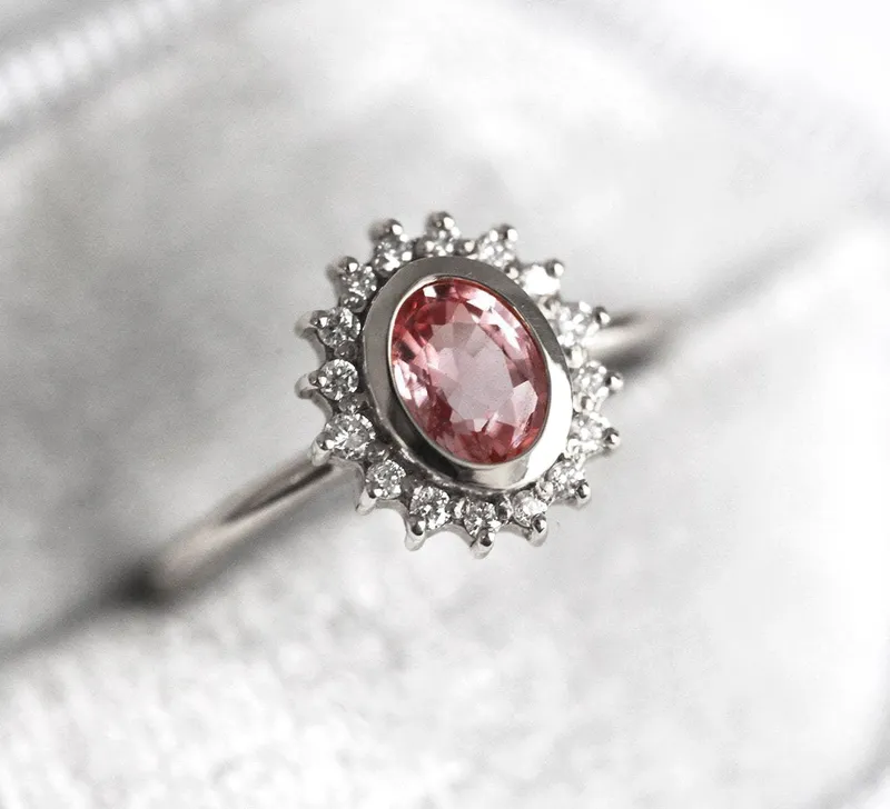 ANGIE PEACH PINK SAPPHIRE DIAMOND RING view 12