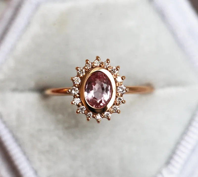 ANGIE PEACH PINK SAPPHIRE DIAMOND RING view 5