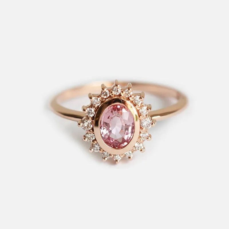 ANGIE PEACH PINK SAPPHIRE DIAMOND RING view 7