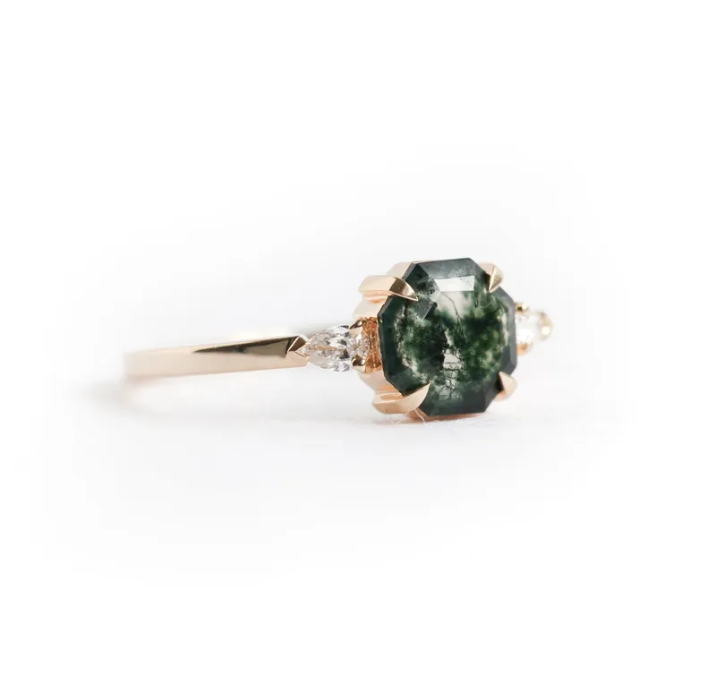 April Octagon Moss Agate Ring With Accent Diamonds vy 2