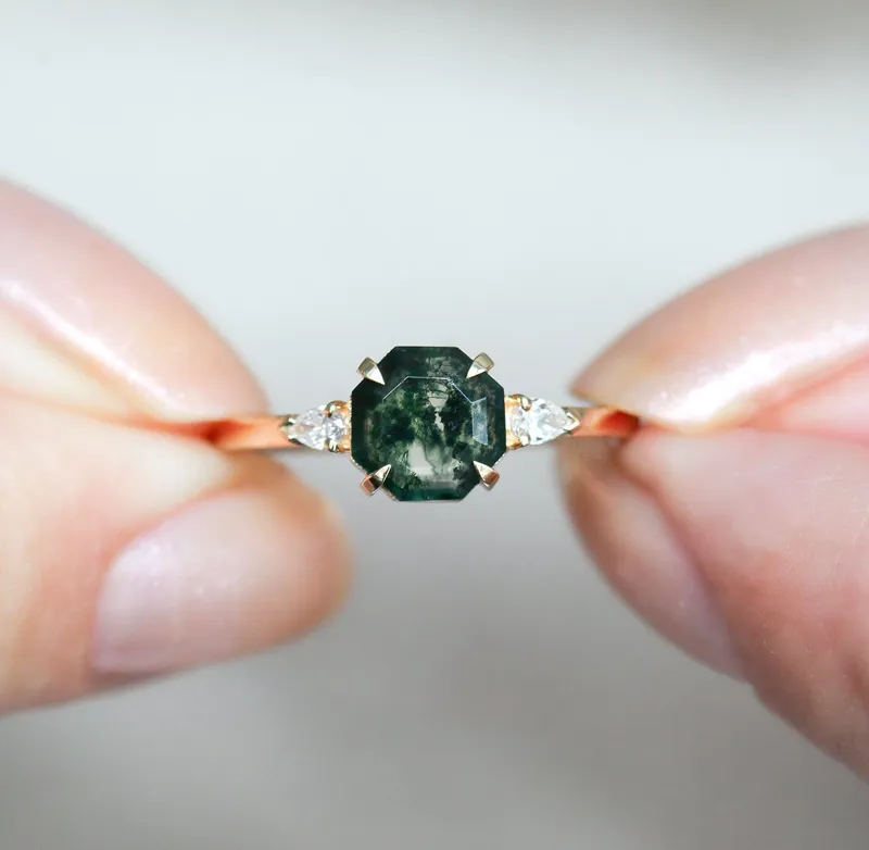 April Octagon Moss Agate Ring With Accent Diamonds vy 3