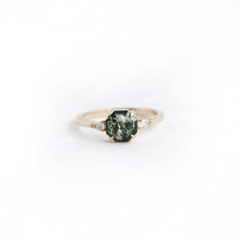 April Octagon Moss Agate Ring With Accent Diamonds vy 4