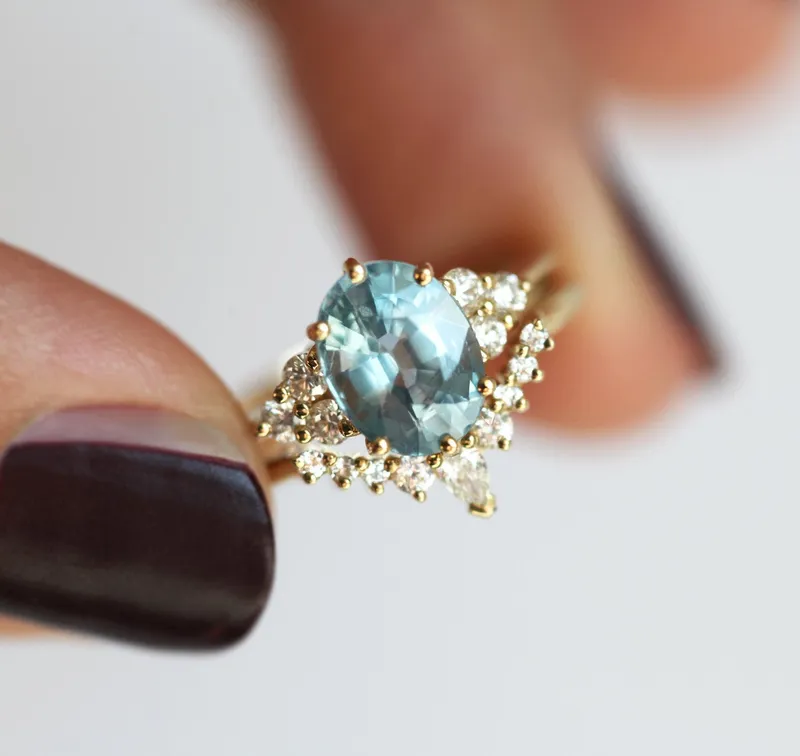 Aqua Sapphire & Diamond Ring Set vy 3