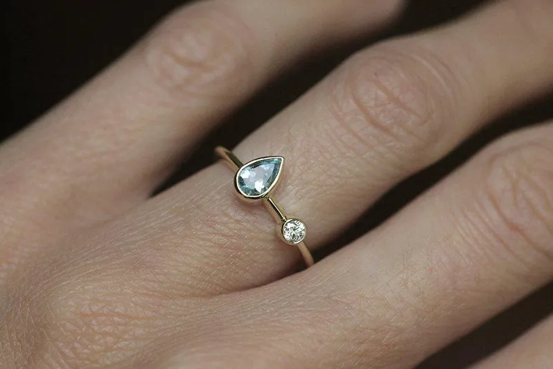 AQUAMARINE TEARDROP ENGAGEMENT RING WITH SOLITAIRE DIAMOND view 4