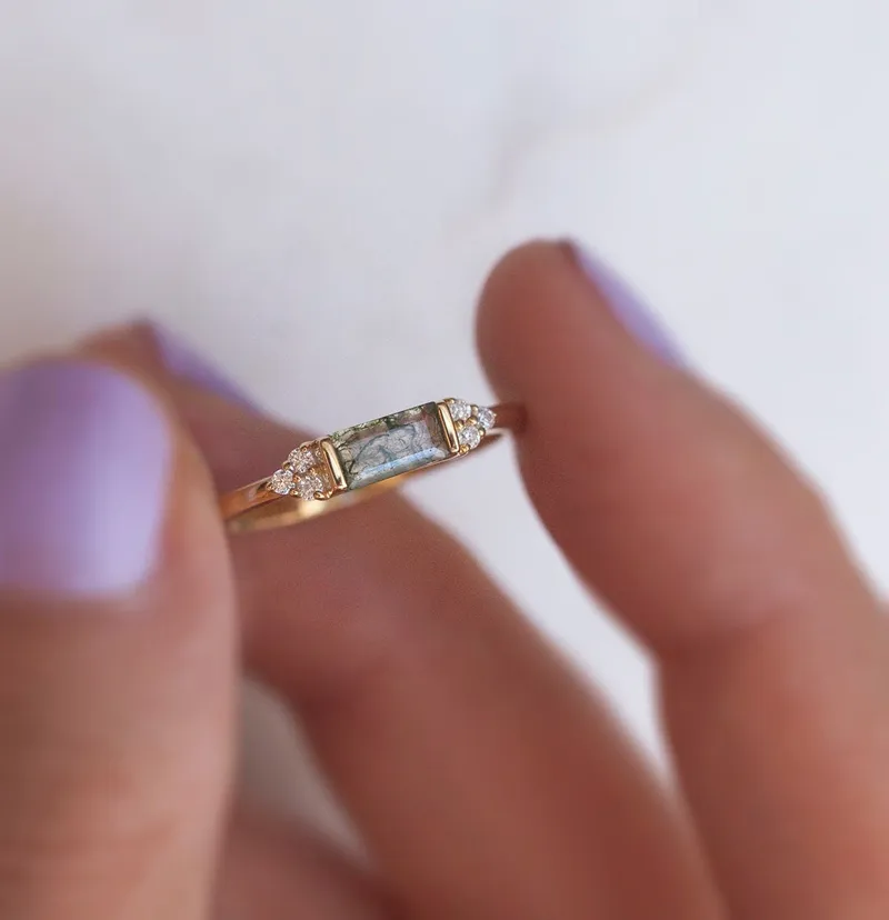 Ariana Baguette Moss Agate Ring Set view 2