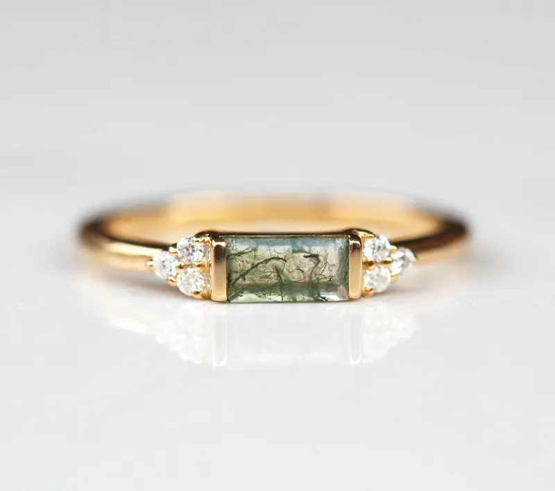 Ariana Baguette Moss Agate Ring Set view 7