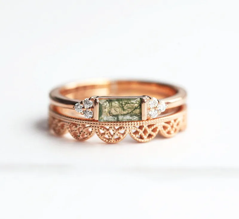 Ariana Baguette Moss Agate Ring Set view 9