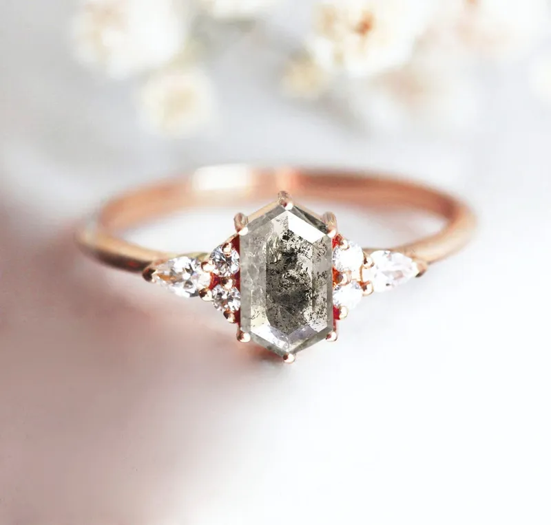 ASHLEY HEXAGON SALT & PEPPER DIAMOND RING view 11
