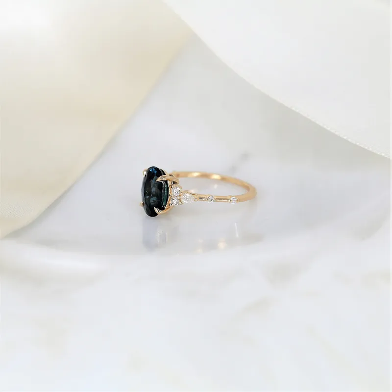 2.97ct Aspen 14kt Gold Ocean Teal Sapphire Diamond Minimalist Oval Cluster Ring vy 5