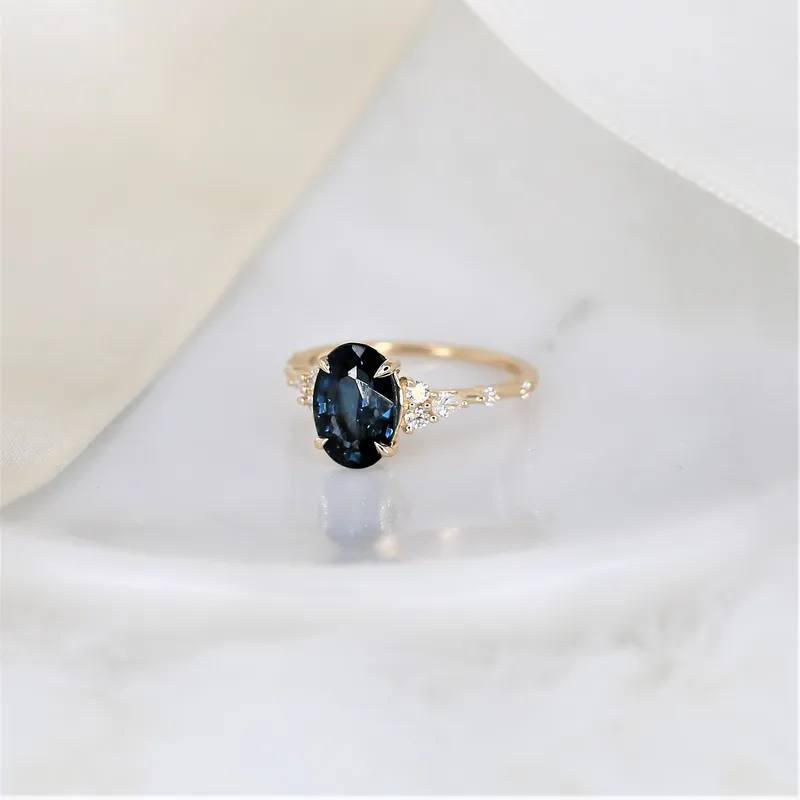 2.97ct Aspen 14kt Gold Ocean Teal Sapphire Diamond Minimalist Oval Cluster Ring vy 3