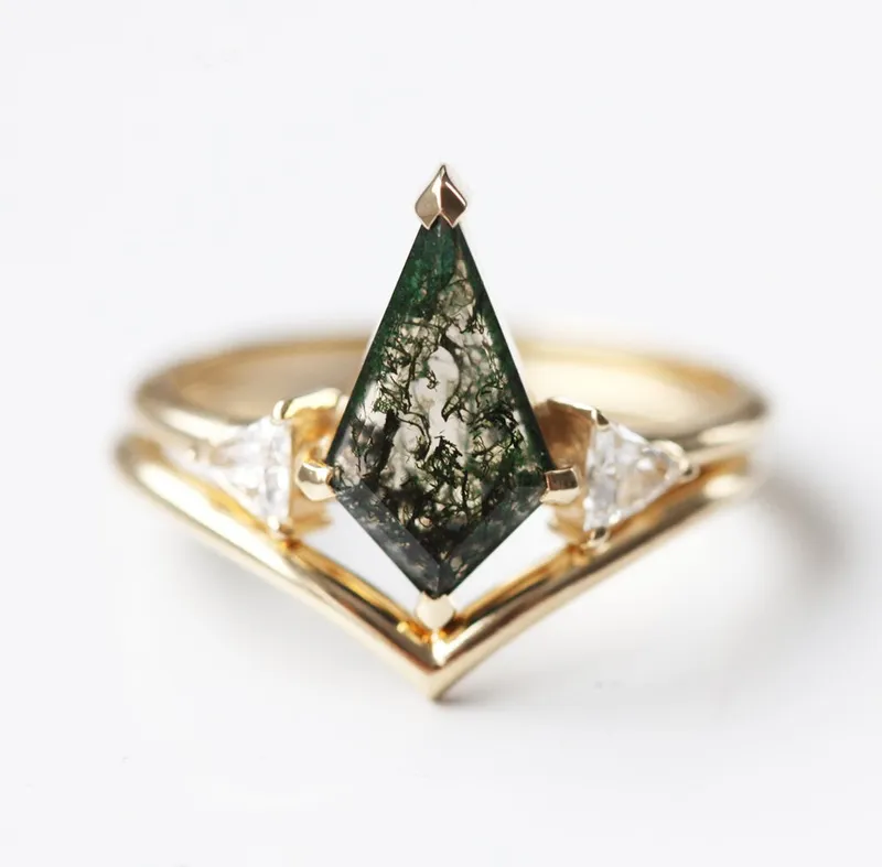 Avery Kite Moss Agate Ring With Chevron Band vy 3