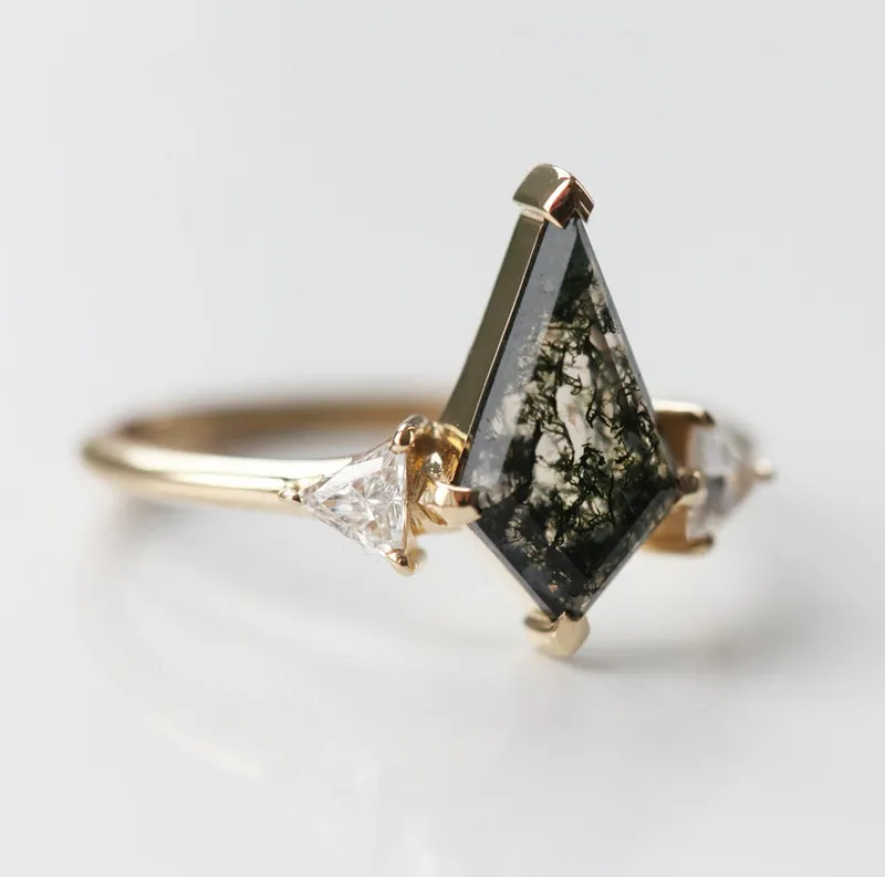 Avery Kite Moss Agate Ring With Chevron Band vy 4