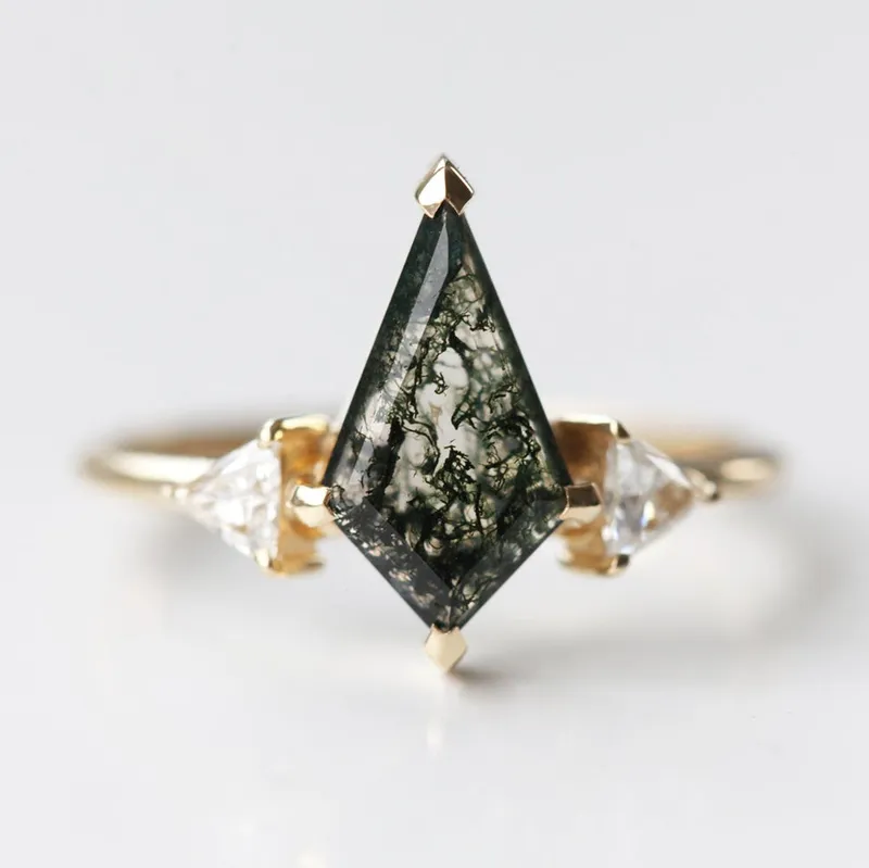 Avery Kite Moss Agate Ring With Chevron Band vy 6