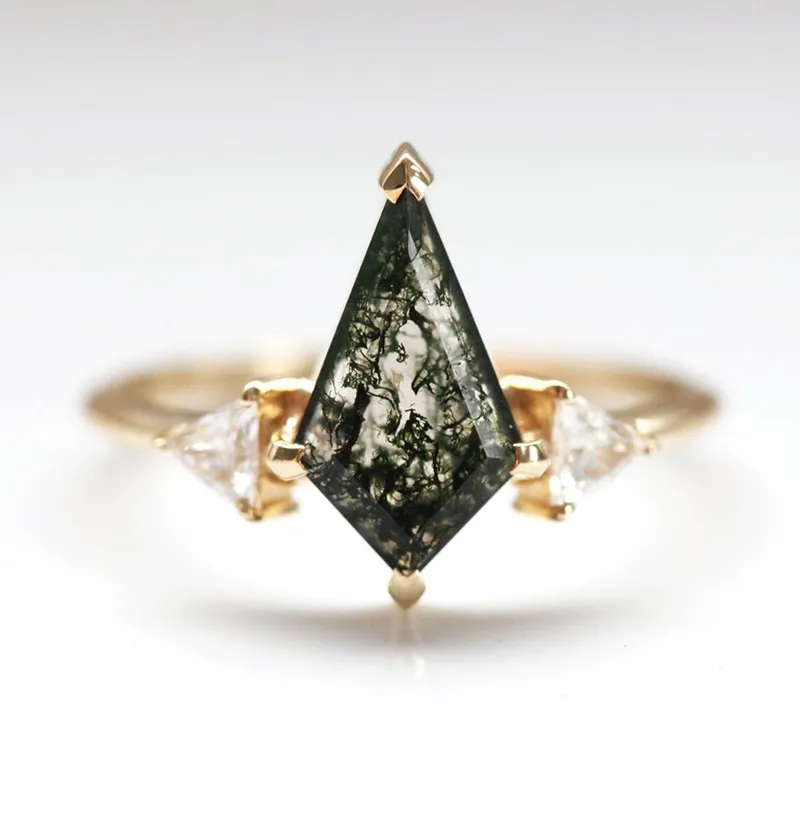 Avery Kite Moss Agate Ring With Chevron Band vy 8
