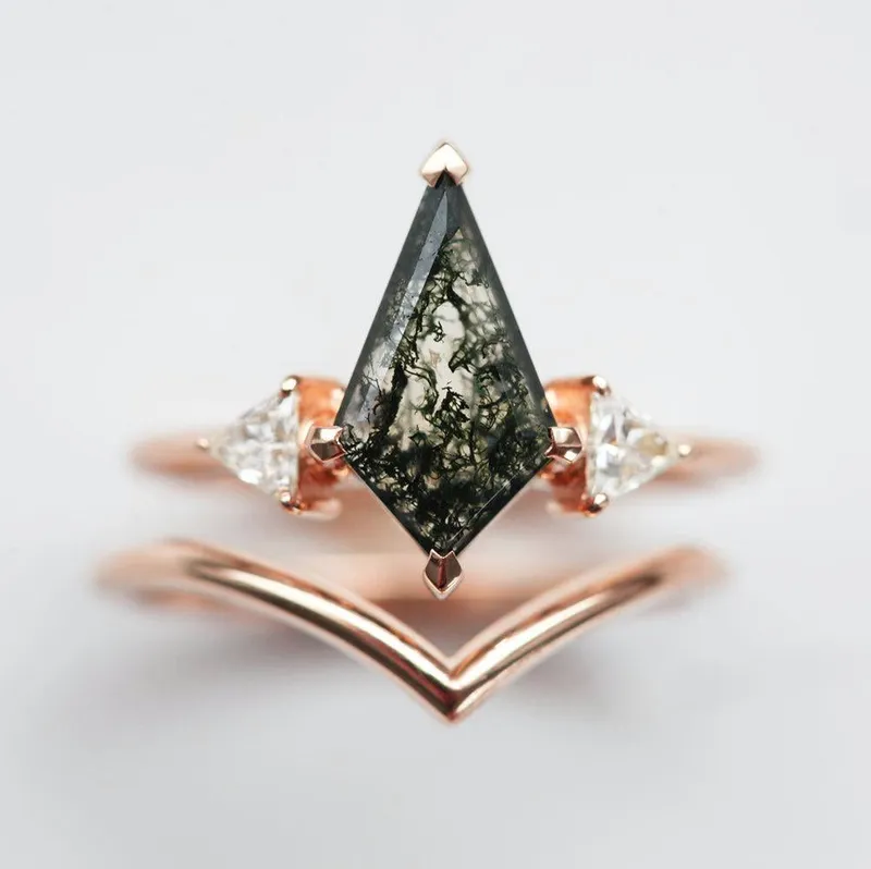 Avery Kite Moss Agate Ring With Chevron Band vy 9