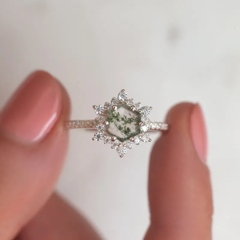 Ayla Hexagon Moss Agate Ring With Diamond Halo view 2