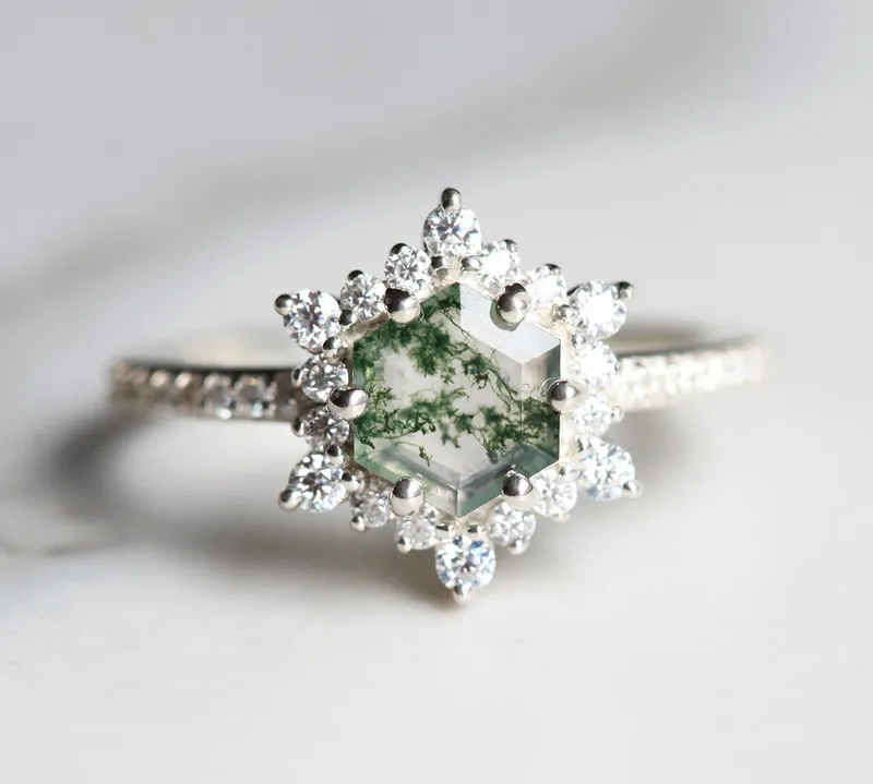 Ayla Hexagon Moss Agate Ring With Diamond Halo view 3