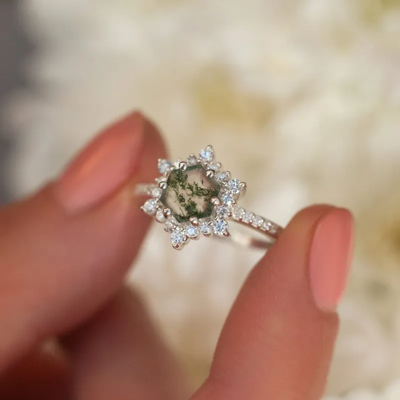 Ayla Hexagon Moss Agate Ring With Diamond Halo view 4