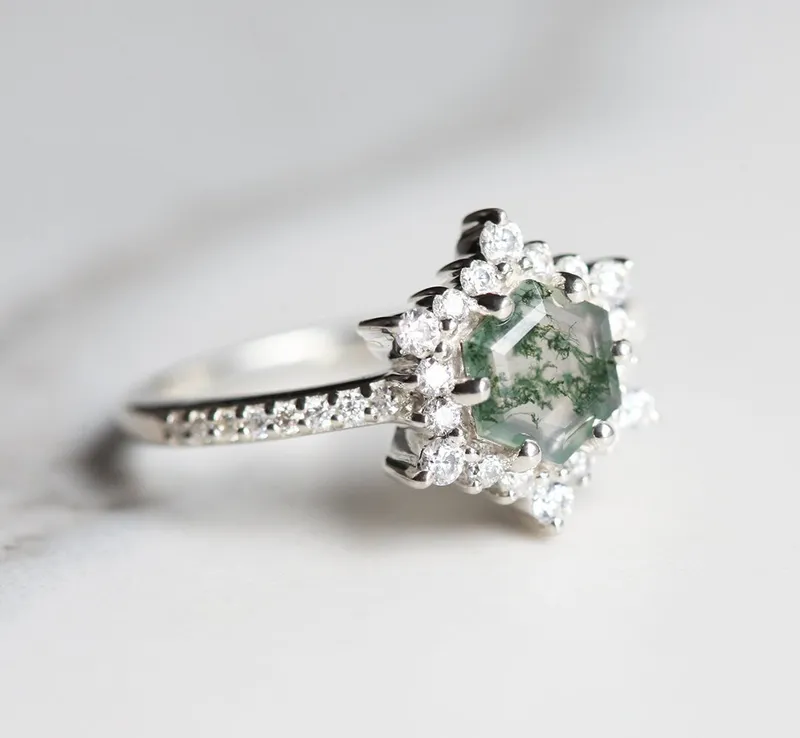 Ayla Hexagon Moss Agate Ring With Diamond Halo view 5