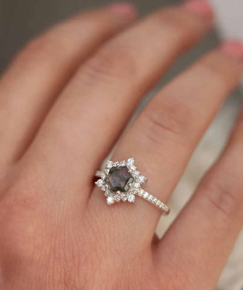 Ayla Hexagon Moss Agate Ring With Diamond Halo view 6