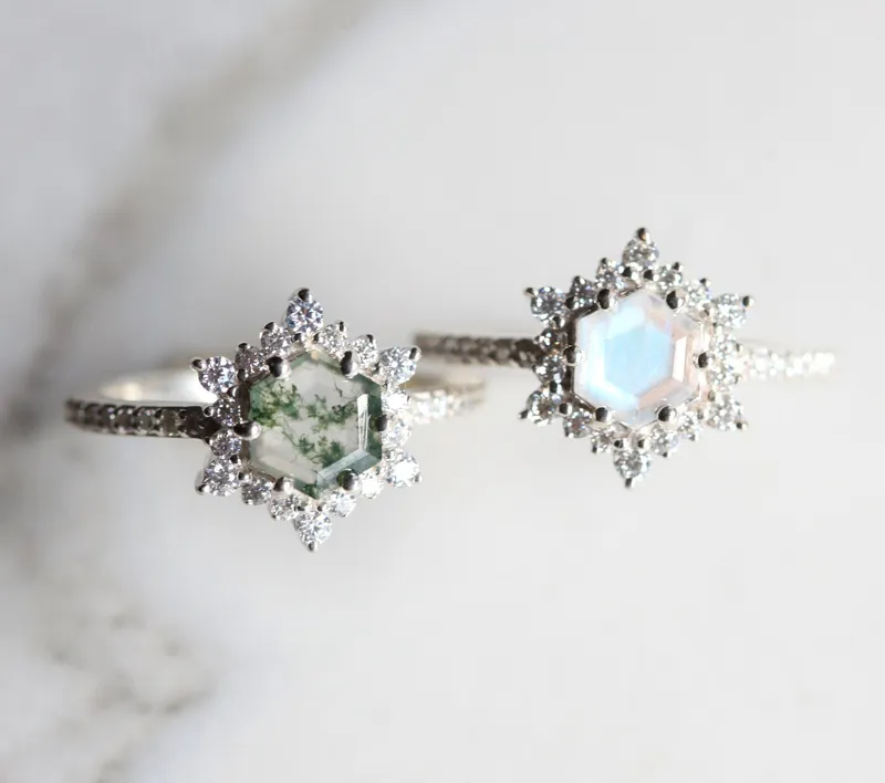 Ayla Hexagon Moss Agate Ring With Diamond Halo view 7