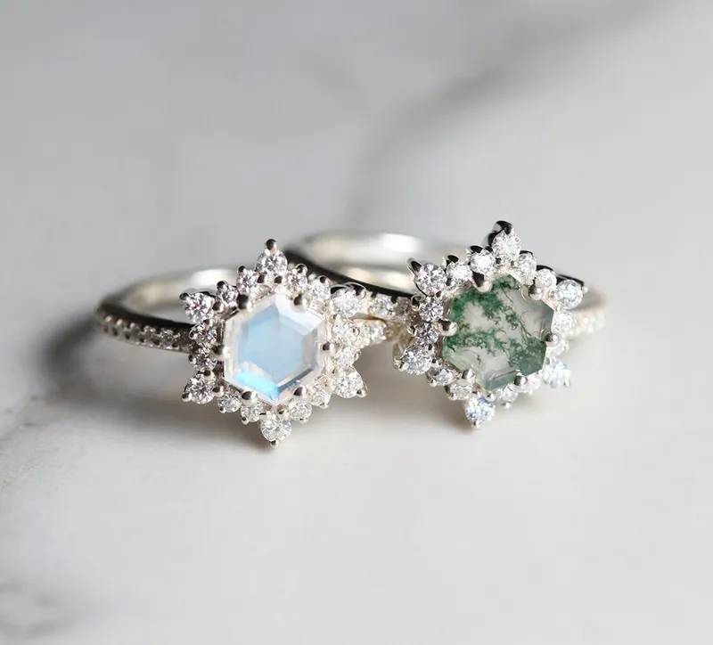 Ayla Hexagon Moss Agate Ring With Diamond Halo view 8