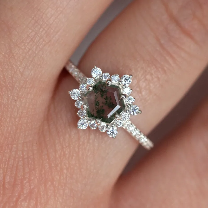 Ayla Hexagon Moss Agate Ring With Diamond Halo view 9