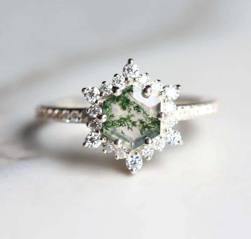 Ayla Hexagon Moss Agate Ring With Diamond Halo green engagement ring
