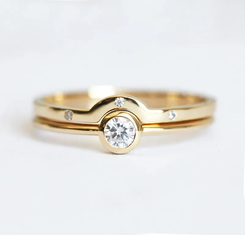 Bezel Diamond Wedding Ring Set With Curved Diamond Band diamond round cut engagement ring