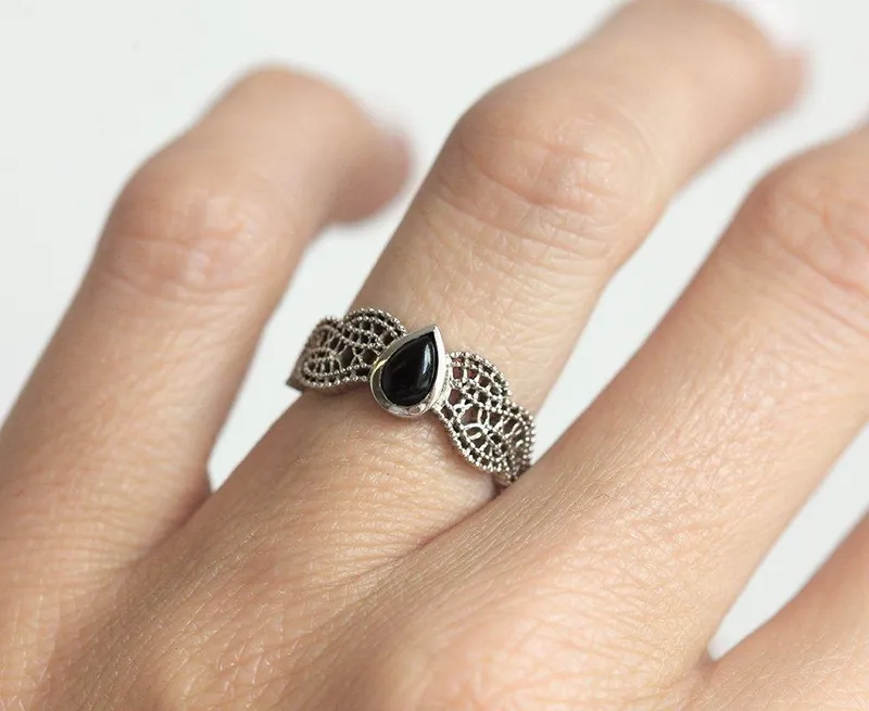 BLACK ONYX RING, GOLD Milgrain RING pear cut engagement ring