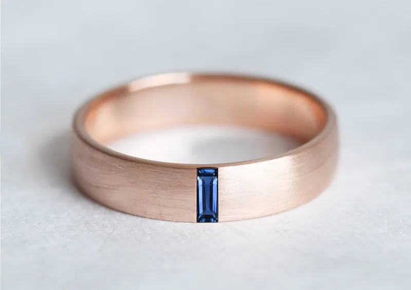 Baguette Wedding Band, Unisex Gold Wedding Ring, Baguette Diamond Band, Gold Mens Band view 4