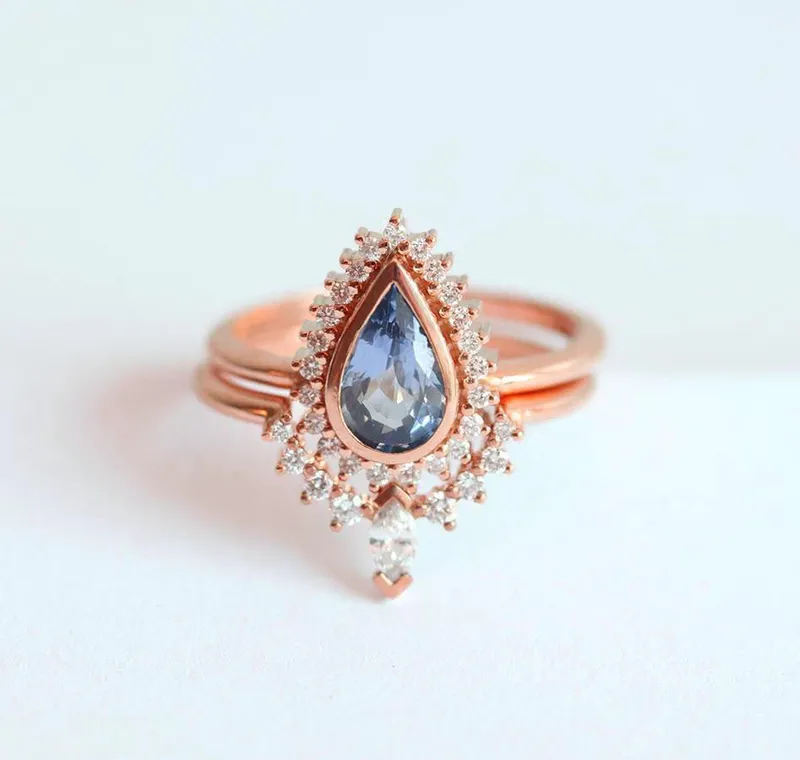 BEA BLUE SAPPHIRE ENGAGEMENT RING SET WITH FULL DIAMOND HALO view 10