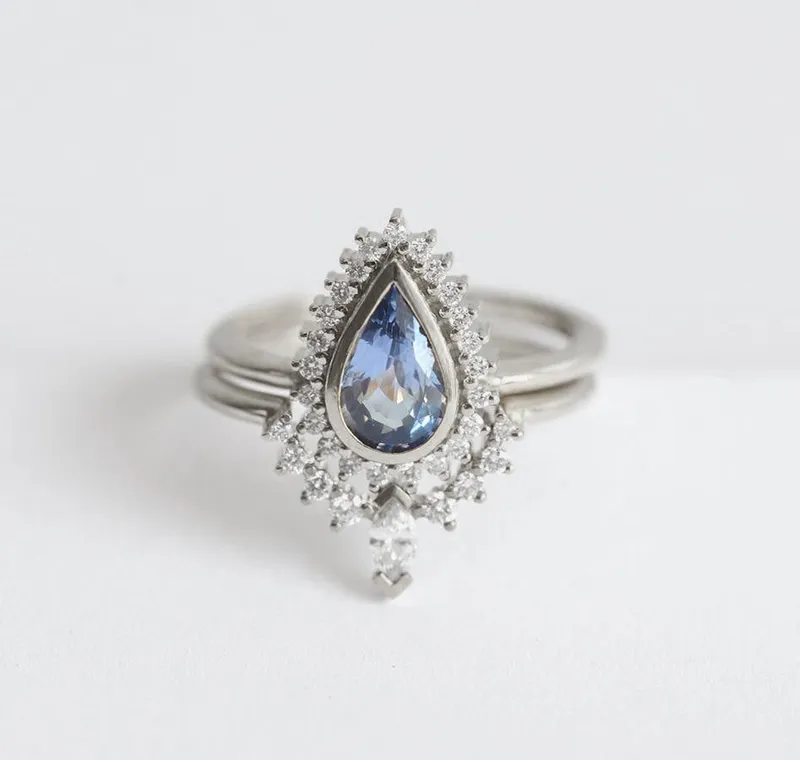 BEA BLUE SAPPHIRE ENGAGEMENT RING SET WITH FULL DIAMOND HALO view 11