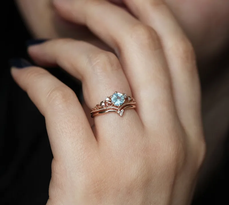 BELLA AQUAMARINE ENGAGEMENT RING WITH DIAMOND MATCHING BAND view 2