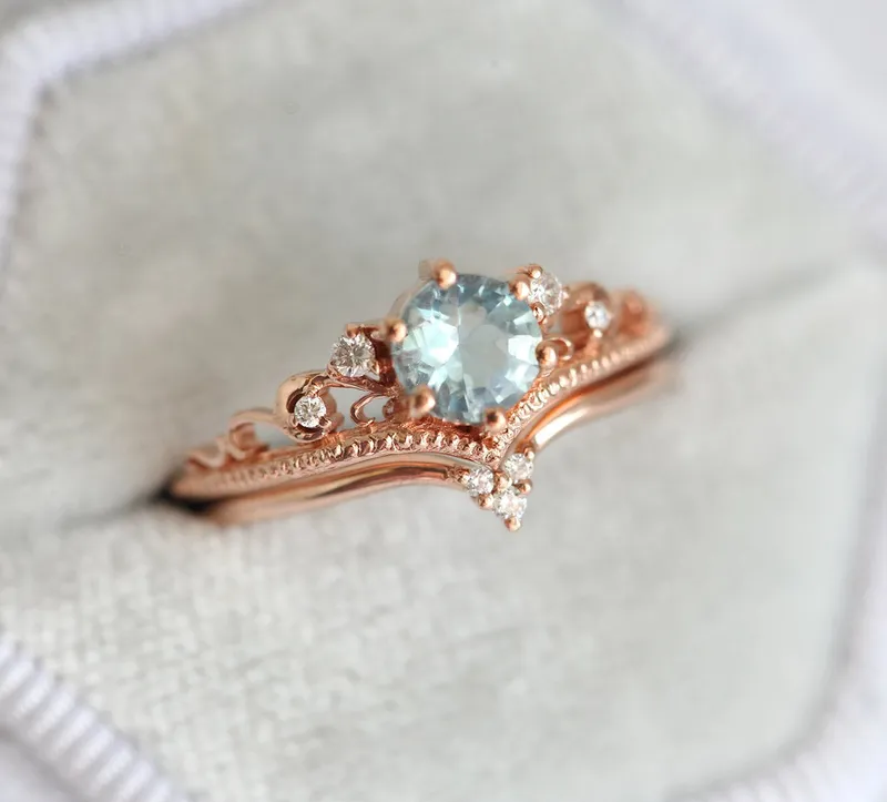 BELLA AQUAMARINE ENGAGEMENT RING WITH DIAMOND MATCHING BAND view 5