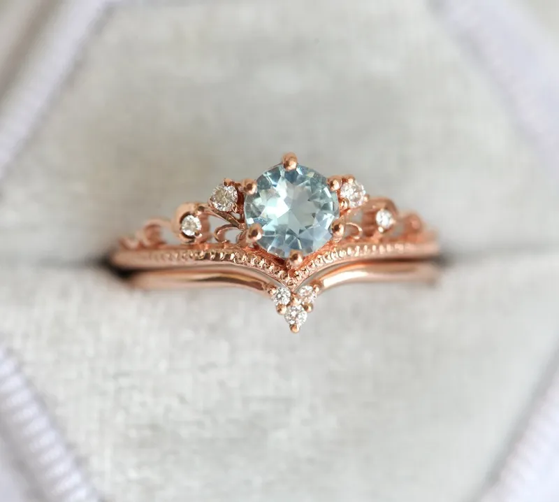 BELLA AQUAMARINE ENGAGEMENT RING WITH DIAMOND MATCHING BAND view 7