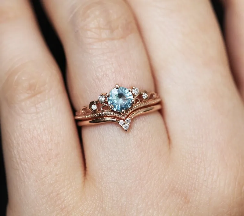 BELLA AQUAMARINE ENGAGEMENT RING WITH DIAMOND MATCHING BAND view 9