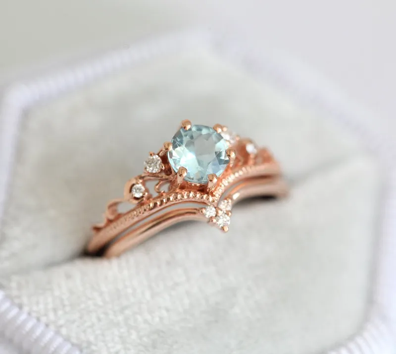 BELLA AQUAMARINE ENGAGEMENT RING WITH DIAMOND MATCHING BAND blue round cut engagement ring