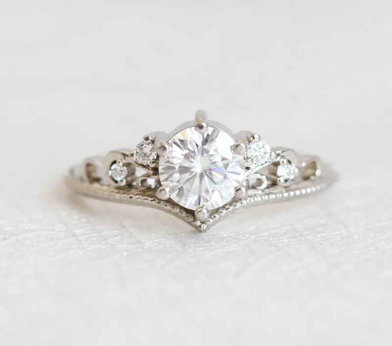 BELLA VINTAGE MOISSANITE AND DIAMOND RING round cut engagement ring