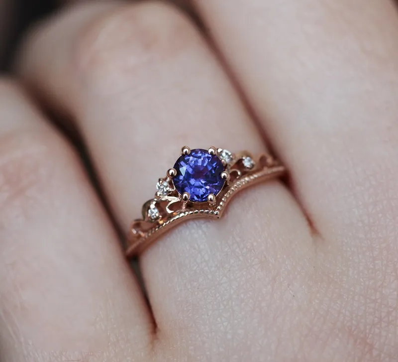 Bella Vintage Purple Sapphire Diamond Ring view 6